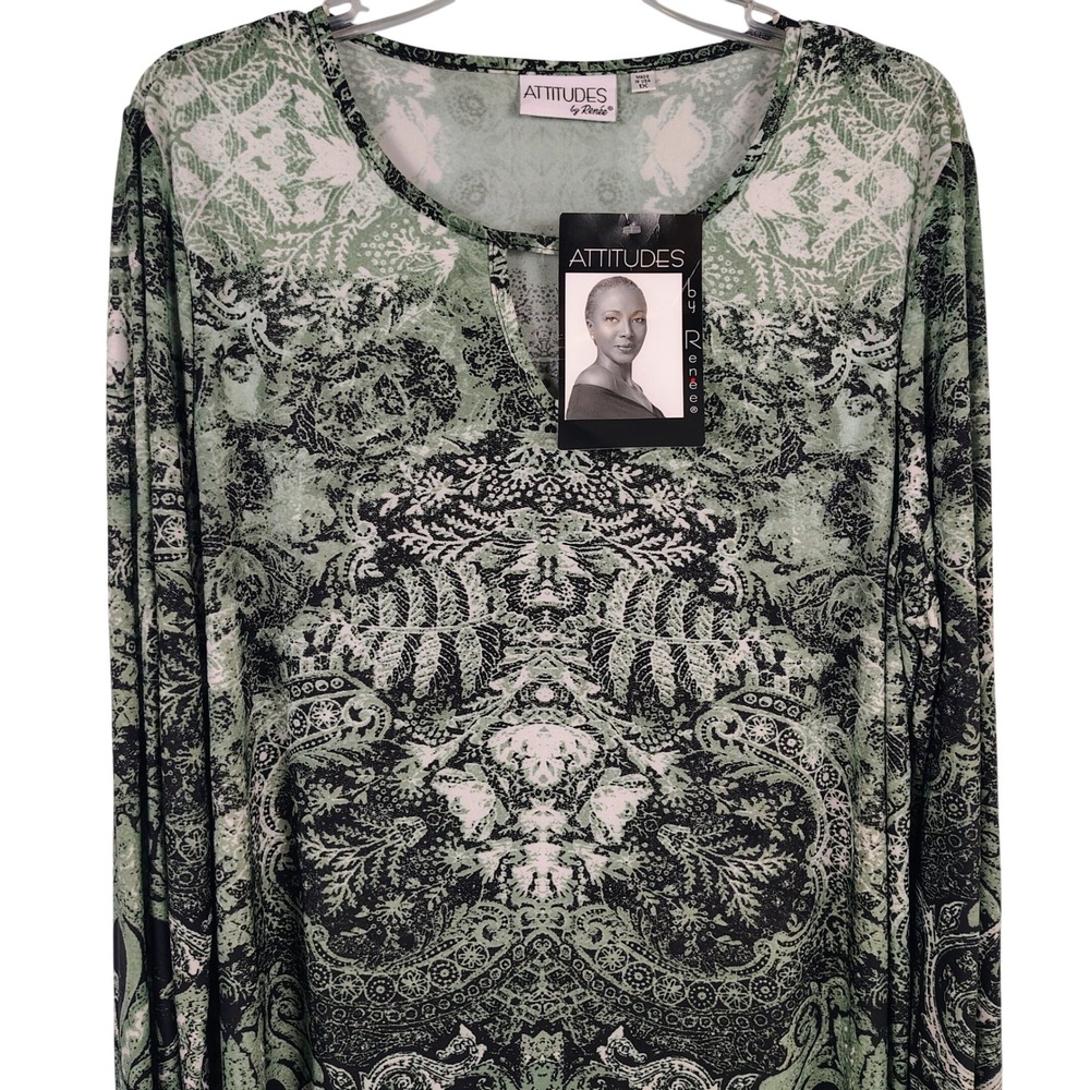 NWT Attitudes by Renee Womens 1X Paisley Tunic Green Black Boho Whimsigoth Top